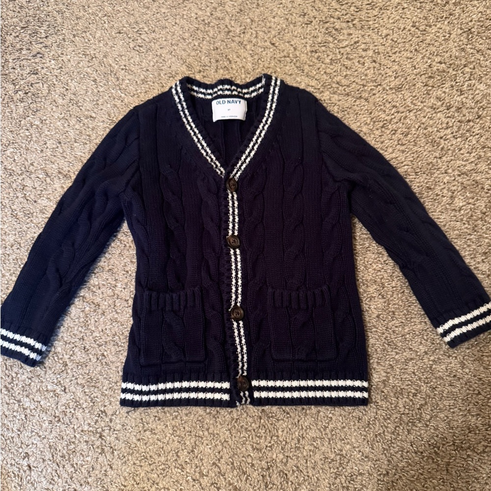 Old Navy Blue and White Cardigan Sweater with Contrasting Trim